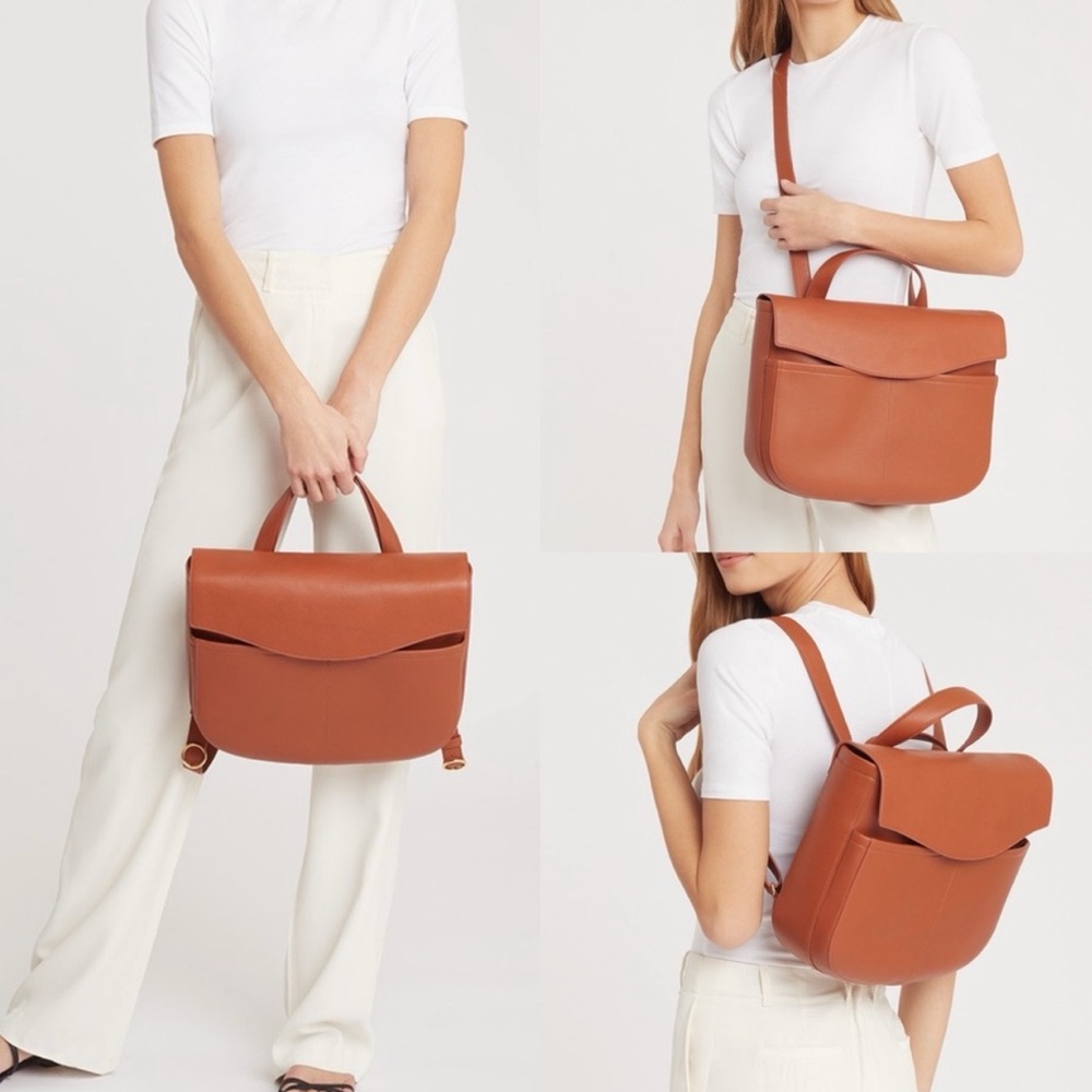 Cuyana Tan Leather Convertible Crossbody Laptop Bag / Backpack